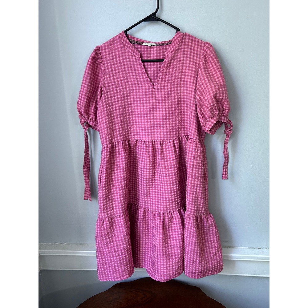 Kate & Sam Pink Gingham Tiered Babydoll Mini Dress Puff Sleeve Tie Small
